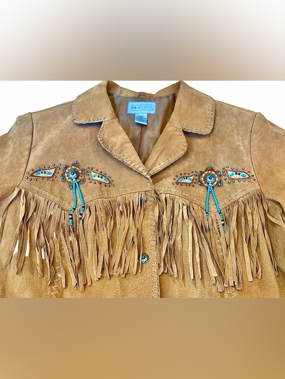 Via Accenti Fringe Suede Western Jacket in Tan with Turquoise & Beads, 22W - Picture 4 of 12